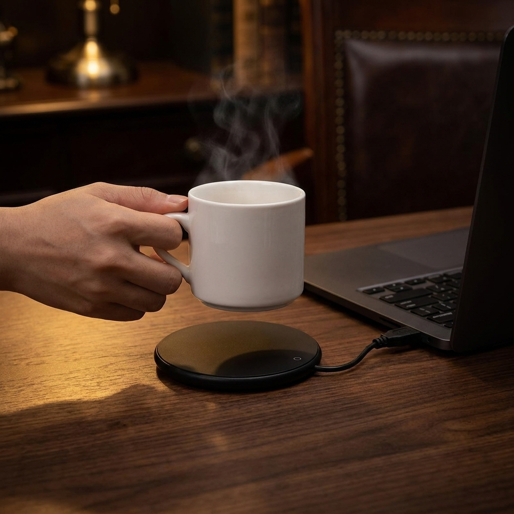 Nexova smart mug warmer keeping a coffee mug warm on a premium desk