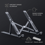 Nexova aluminum laptop stand features: aircraft-grade aluminum, eye-level height, folds flat