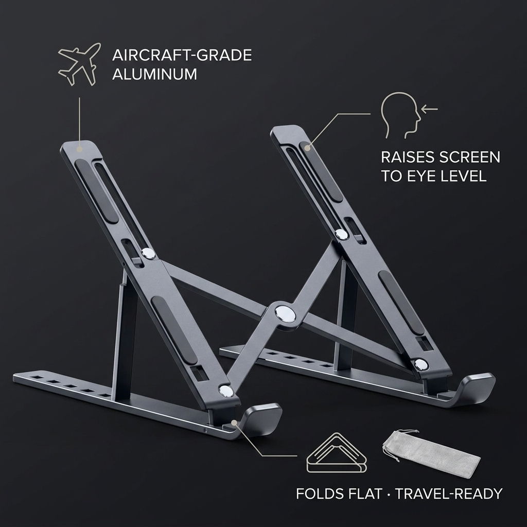 Nexova aluminum laptop stand features: aircraft-grade aluminum, eye-level height, folds flat