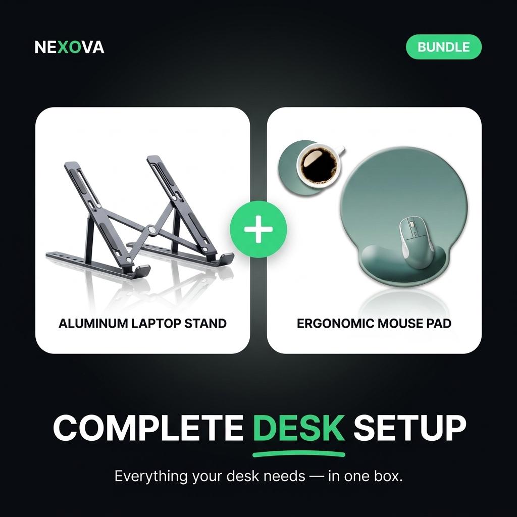 Nexova Complete Desk Setup bundle — aluminum laptop stand plus ergonomic mouse pad